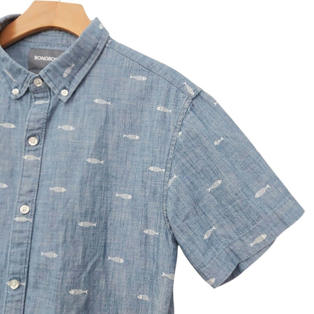 Bonobos Riviera Shirt Mens Medium Long Blue Slim Fit Fish Print Cotton Nautical - Picture 3 of 9